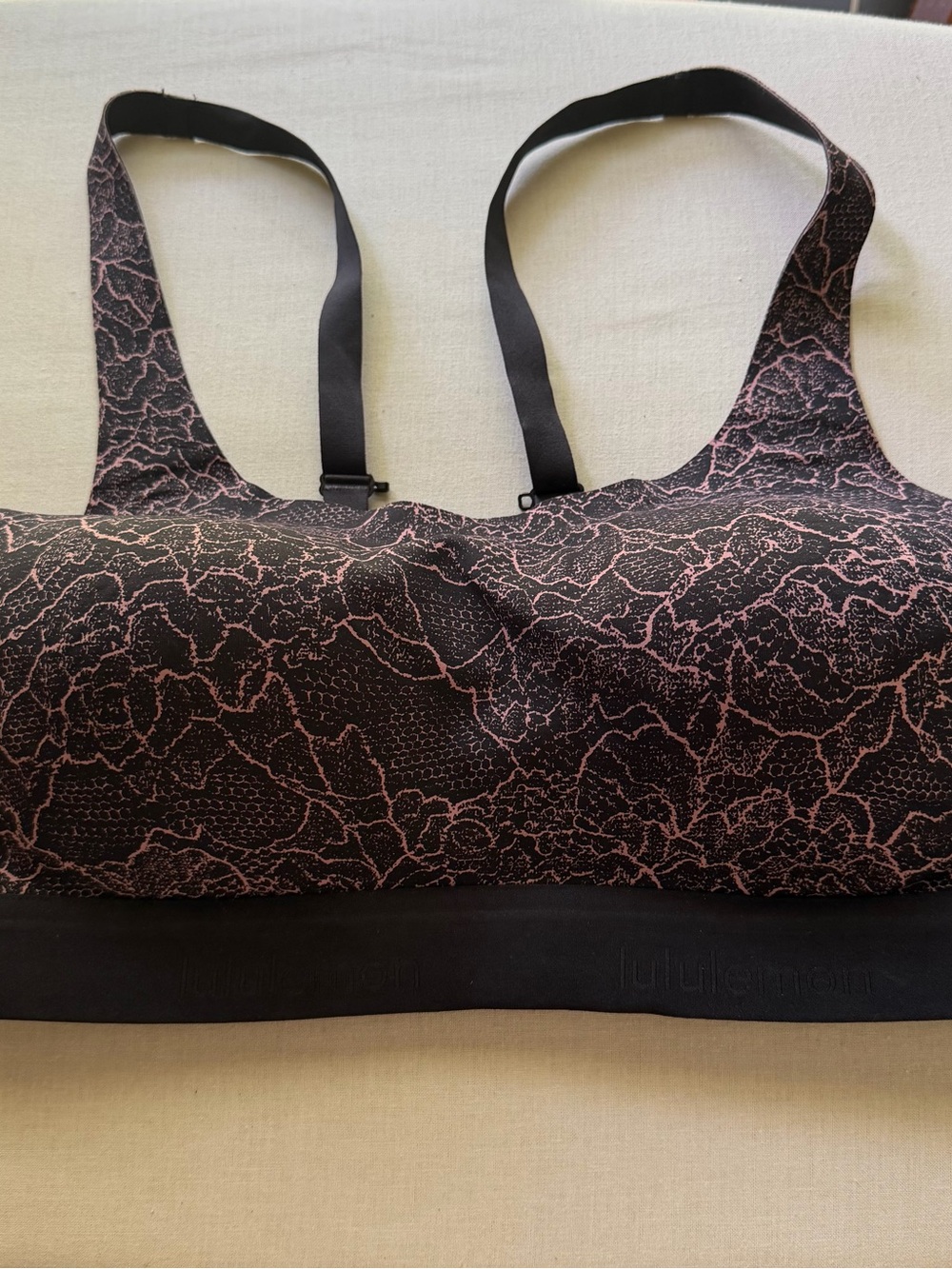 lululemon athletica Black with Pink Lace-Print Light Support Sports Bra Size 34D